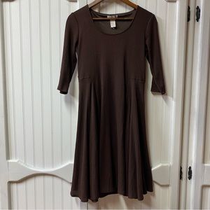 Amanda Lane Brown Ribbed Knit A-line MIDI Dress 3/4 Sleeve Scoop Neck Womens M